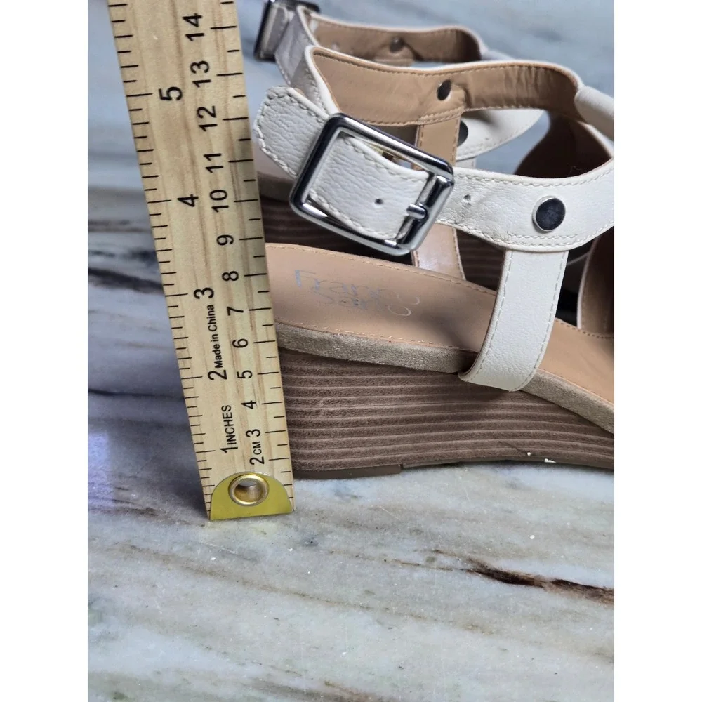 Franco Sarto Annika Cream Leather Low Wedge‎ Sandals Mens 10M Ivory Buckle Strap